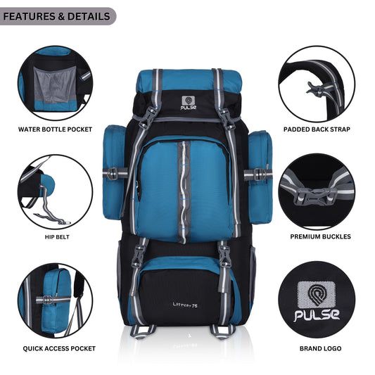 Pulse 75 Litre Trekking Backpack | Large Capacity Hiking & Camping Bag with Hip Belt, Padded Back Support & Water Bottle Pocket | Travel & Mountaineering Backpack