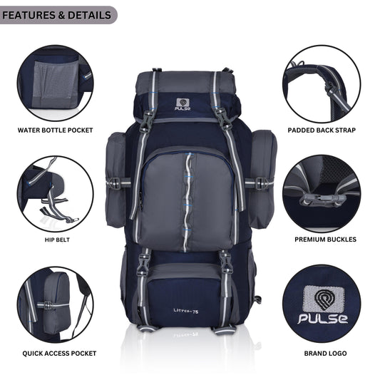 Pulse 75 Litre Trekking Backpack | Large Capacity Hiking & Camping Bag with Hip Belt, Padded Back Support & Water Bottle Pocket | Travel & Mountaineering Backpack