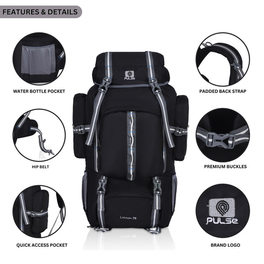 Pulse 75 Litre Trekking Backpack | Large Capacity Hiking & Camping Bag with Hip Belt, Padded Back Support & Water Bottle Pocket | Travel & Mountaineering Backpack