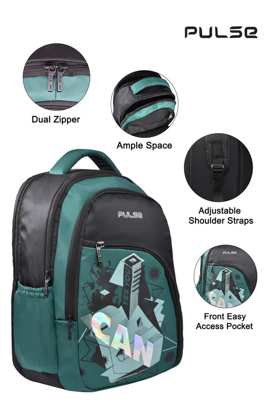 Pulse Water Resistant Backpack for Men & Women | 18 Inch School & College Bag | Stylish Printed Travel Backpack with Dual Zipper, Bottle Pocket & Multiple Compartments