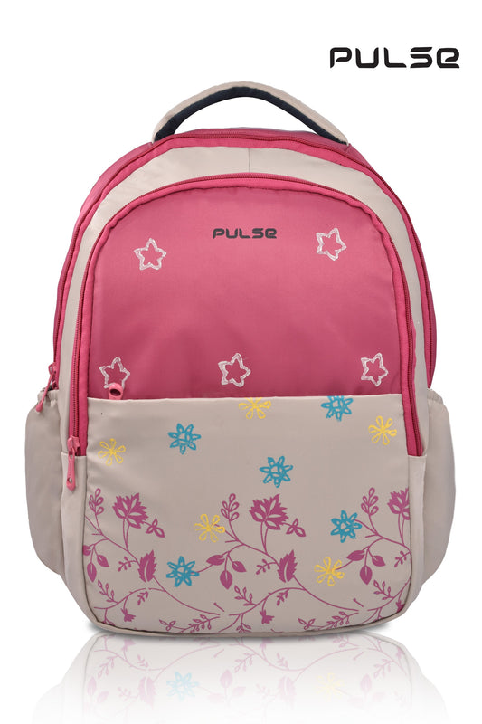Pulse 18 Inch Girls School Backpack | Floral Pink Kids School Bag with Dual Zipper, Bottle Pocket & Adjustable Straps | Lightweight Travel & Tuition Backpack