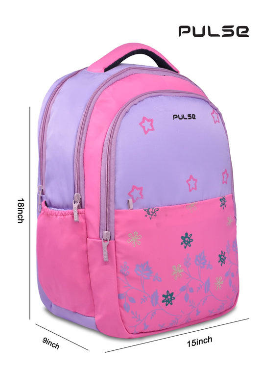 Pulse 18 Inch Girls School Backpack | Floral Pink Kids School Bag with Dual Zipper, Bottle Pocket & Adjustable Straps | Lightweight Travel & Tuition Backpack