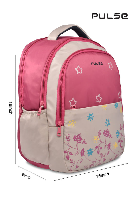 Pulse 18 Inch Girls School Backpack | Floral Pink Kids School Bag with Dual Zipper, Bottle Pocket & Adjustable Straps | Lightweight Travel & Tuition Backpack
