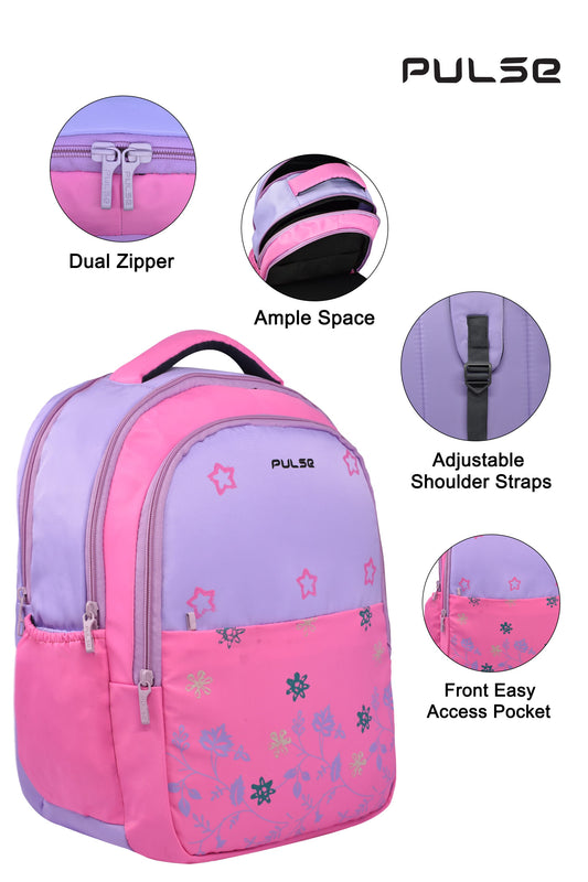 Pulse 18 Inch Girls School Backpack | Floral Pink Kids School Bag with Dual Zipper, Bottle Pocket & Adjustable Straps | Lightweight Travel & Tuition Backpack