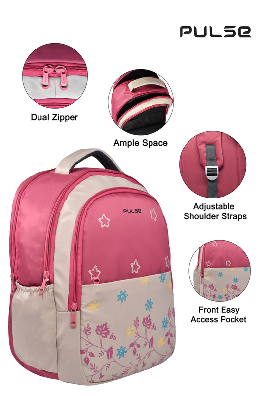 Pulse 18 Inch Girls School Backpack | Floral Pink Kids School Bag with Dual Zipper, Bottle Pocket & Adjustable Straps | Lightweight Travel & Tuition Backpack