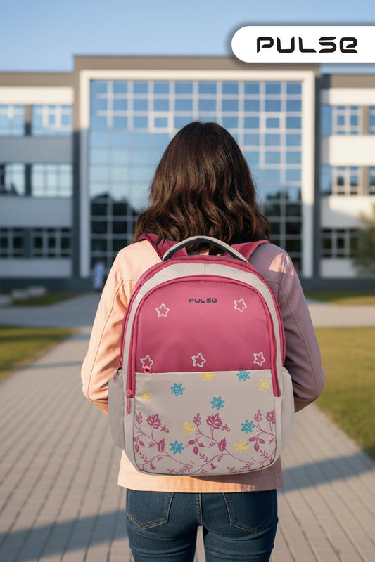 Pulse 18 Inch Girls School Backpack | Floral Pink Kids School Bag with Dual Zipper, Bottle Pocket & Adjustable Straps | Lightweight Travel & Tuition Backpack