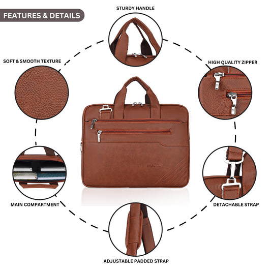 Pulse Premium Leather Laptop Bag for Men – 15.6 Inch Office Messenger Bag with Adjustable Shoulder Strap, Multiple Compartments, Business Laptop Briefcase for Work & Travel
