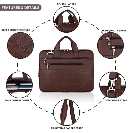 Pulse Premium Leather Laptop Bag for Men – 15.6 Inch Office Messenger Bag with Adjustable Shoulder Strap, Multiple Compartments, Business Laptop Briefcase for Work & Travel