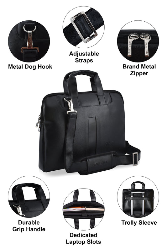 Pulse Premium Black Laptop Bag for Men – 16 Inch Business Messenger Briefcase with Adjustable Shoulder Strap, Trolley Sleeve & Laptop Compartment for Office & Travel