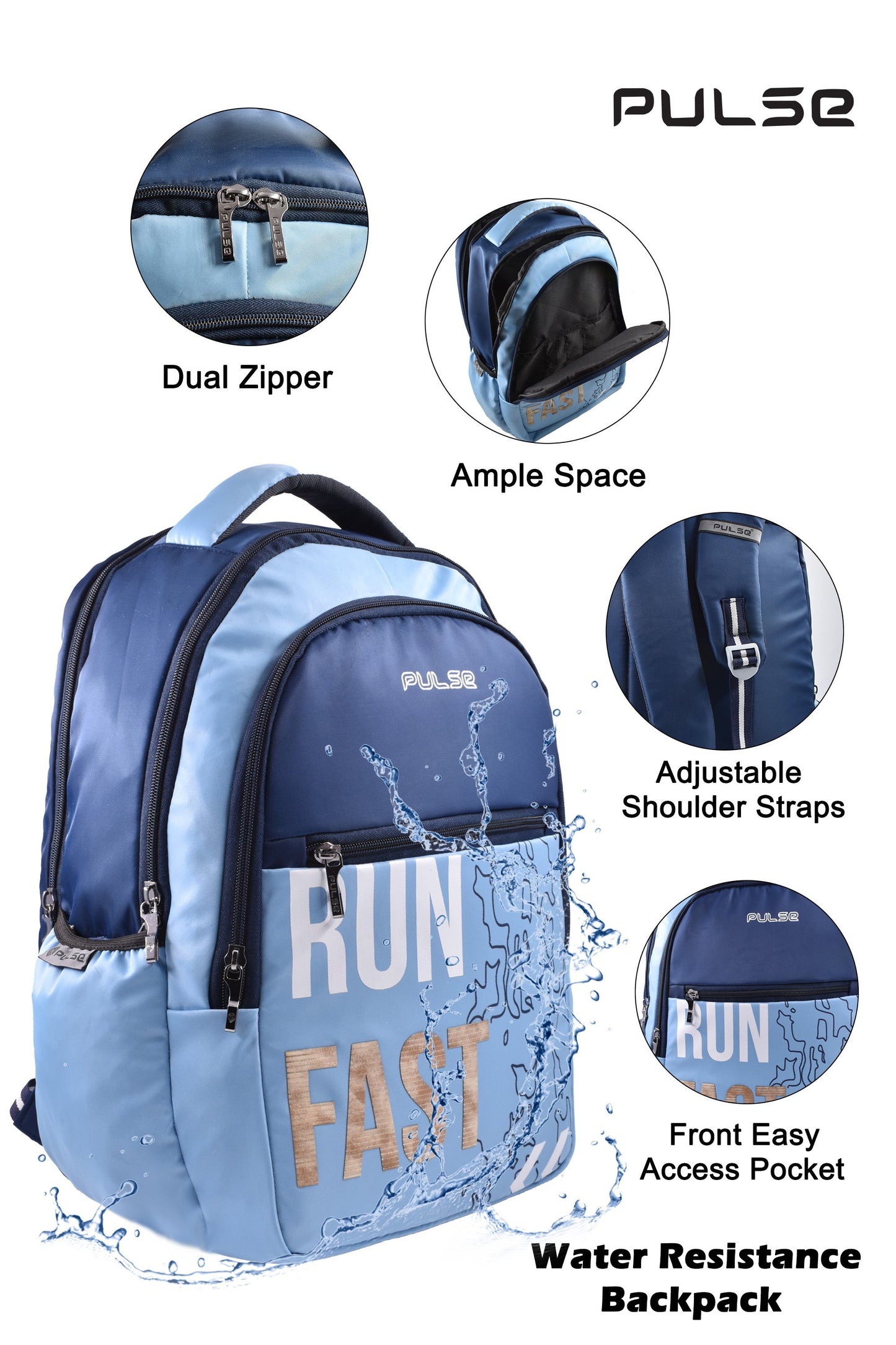 pulse water resistant laptop backpack for men & women | 18 inch lightweight travel bag with dual zipper & multiple compartments